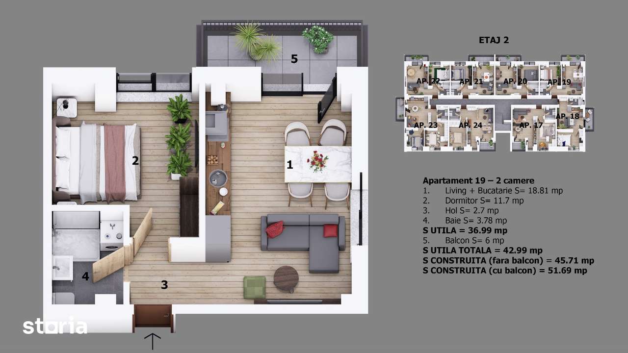 Apartament 2 camere Strada Ion Creanga cu balcon AC si parcare privata - Imagine principală: 4/9