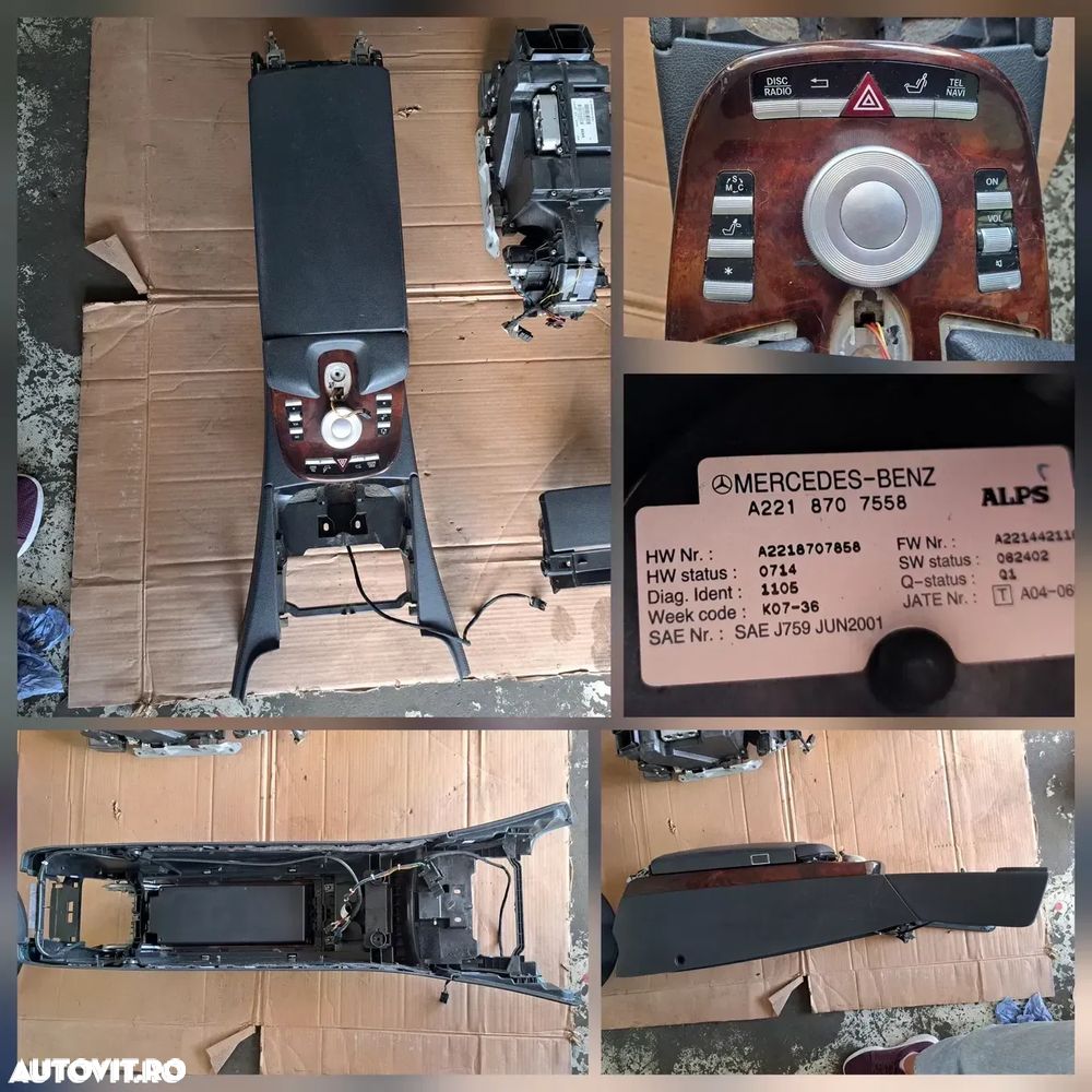 Consola centrala cotiera grila ventilatie cu unitate control clima aeroterma cotiera centrala oglinda retrovizoare torpedou ornament ornamente trim trimuri plansa bord mercedes s-class w221 - 2