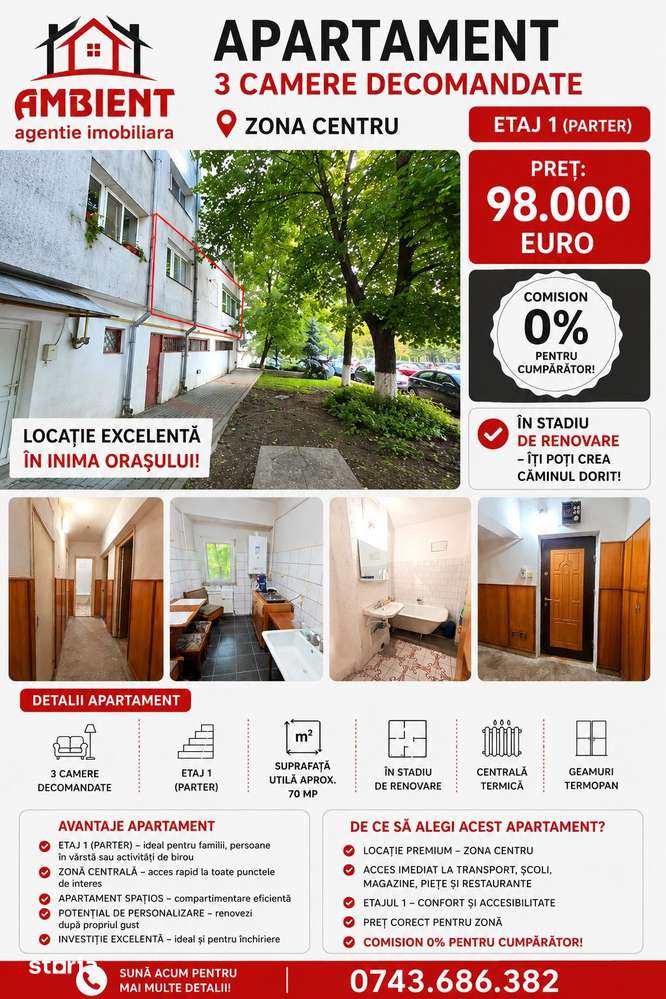 Apartament cu 3 camere, etaj 1 (parter cu demisol), VASLUI zona CENTRU — fotografia 1