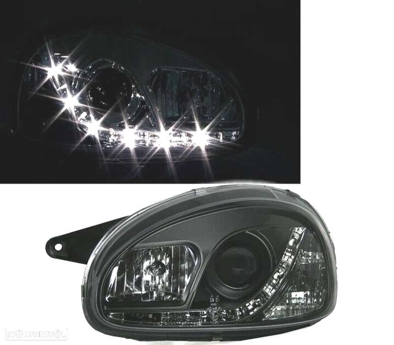 FARÓIS COM LUZ DIURNA LED OPEL CORSA B 93-00 FUNDO PRETO - 2