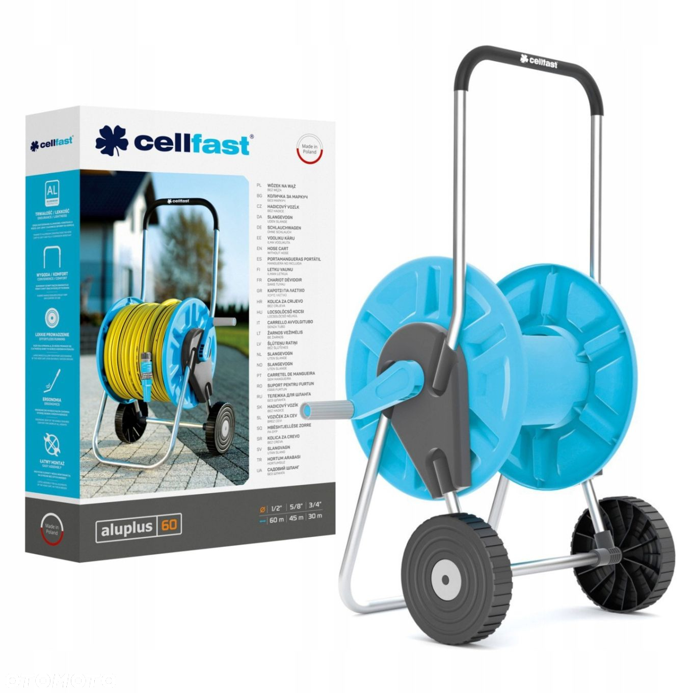 CELLFAST SOLIDNY STOJAK ZWIJACZ BĘBEN WÓZEK WĄŻ OGRODOWY ALUPLUS 1/2" 60M - 6
