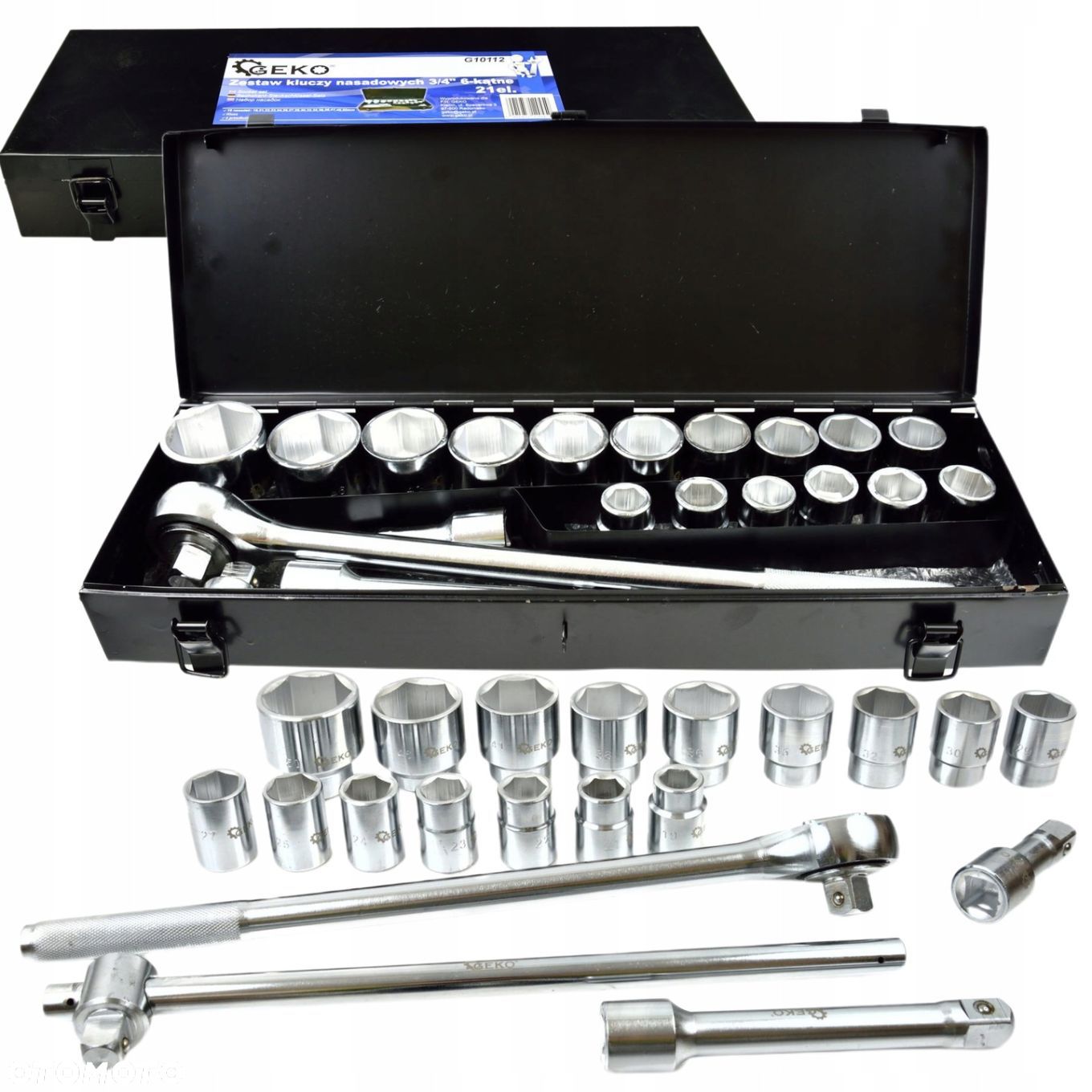 GEKO ZESTAW KLUCZY NASADEK 21EL 3/4" 6-KĄT. 19-50MM METALOWA WALIZKA G10112 - 1