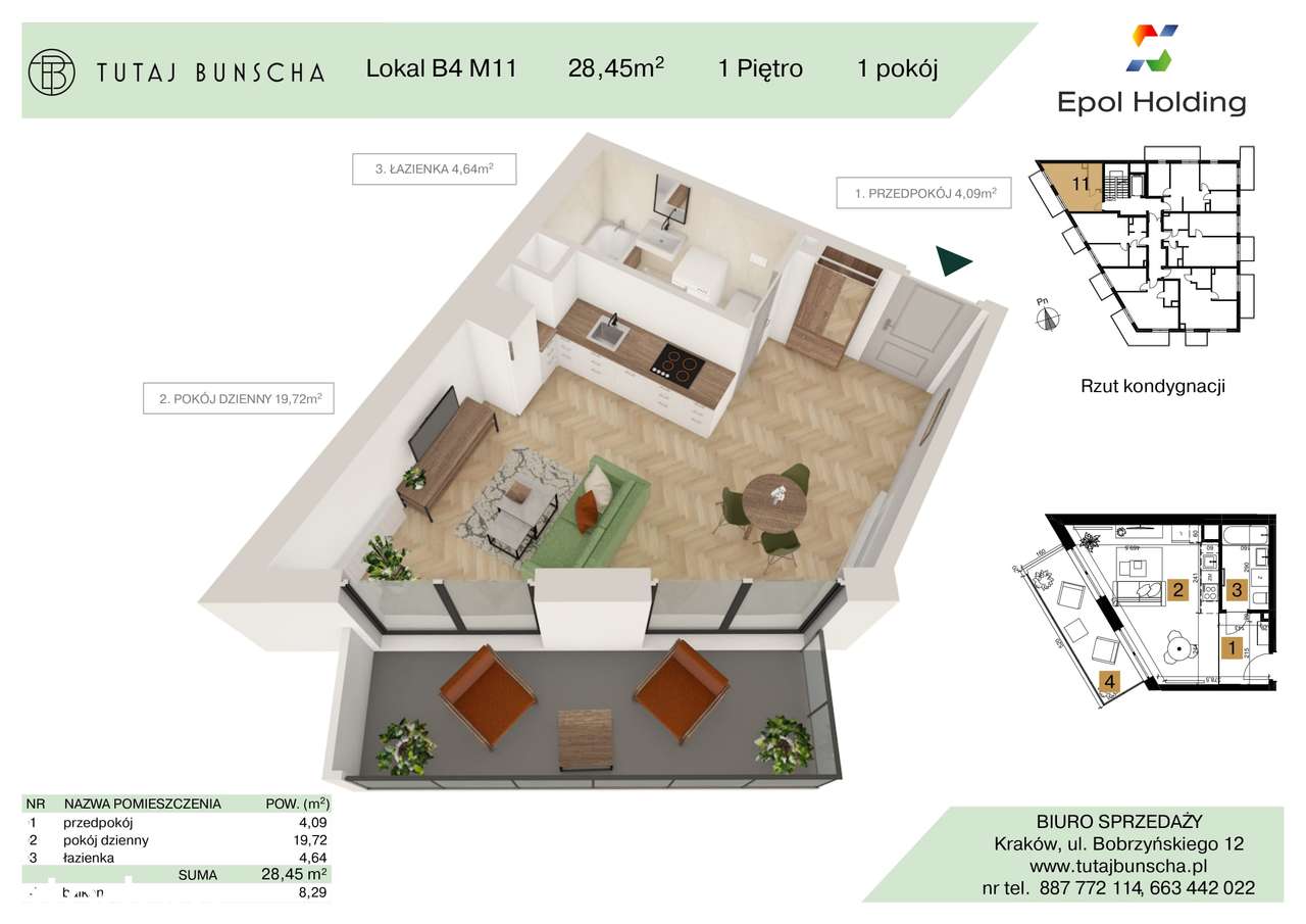 1-pokojowe mieszkanie 28 m2 + balkon 8 m2, Bezpośrednio