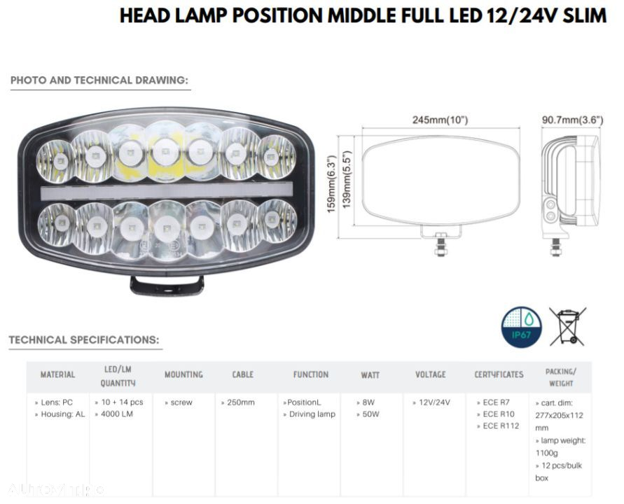 Proiector Slim, Full-Led, Pozitie si Faza Lunga Led, 12/24V, Dreptunghiular - Oval - 3