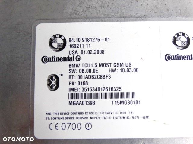 BMW Bluetooth USA E60 E63 E70 E84 E89 E90 F01 F07 F10 USA TCU1.5 MOST GSM US Moduł Bluetooth Sterownik Telefony 9181276  84109181276  84109231092  9231092