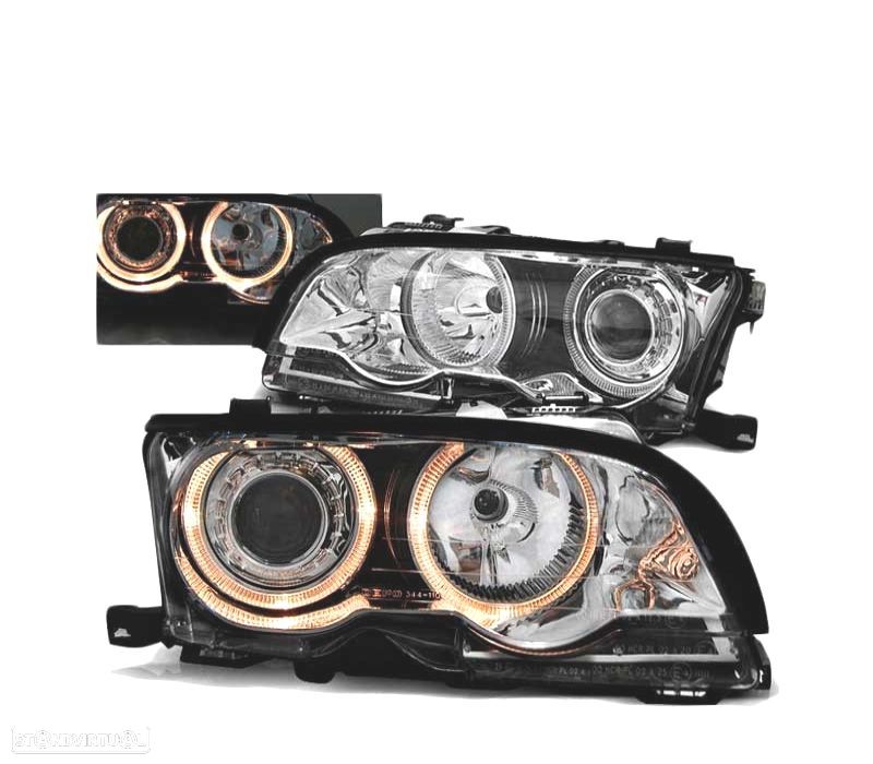 FARÓIS BMW E46 01-03 ANGEL EYES COUPÉ CABRIO CROMADOS - 1