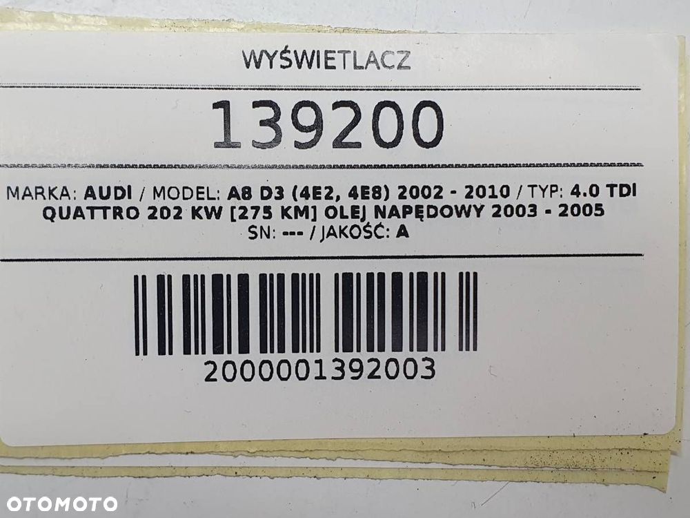 WYŚWIETLACZ EKRAN RADIA NAWIGACJI AUDI A8 D3 2003 EUROPA - 6