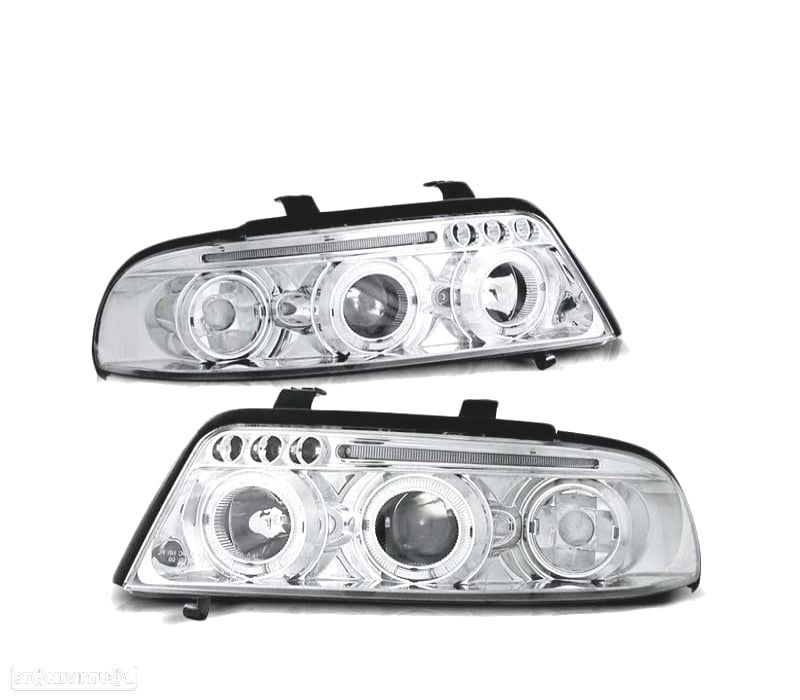 FARÓIS FRONTAIS ANGEL EYES + LEDS AUDI A4 B5 99-00 CROMADO - 1
