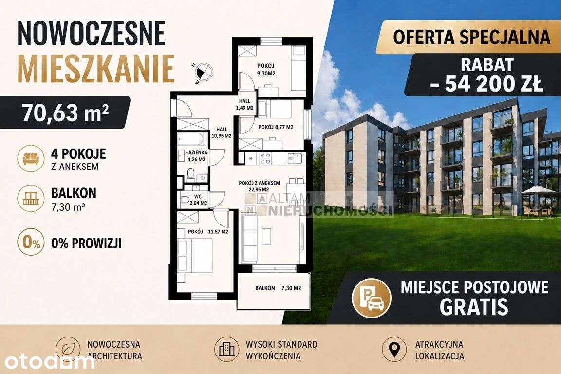 4pok 71m2 duży balkon|Rabat 54.200Zł|Mp Gratis|0%