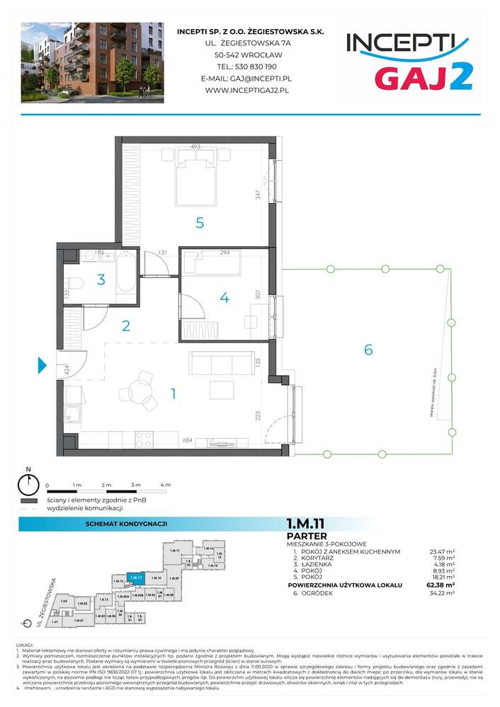 1.M.11 | 62,31 m² | 3 pokoje z ogródkiem | Krzyki- Gaj