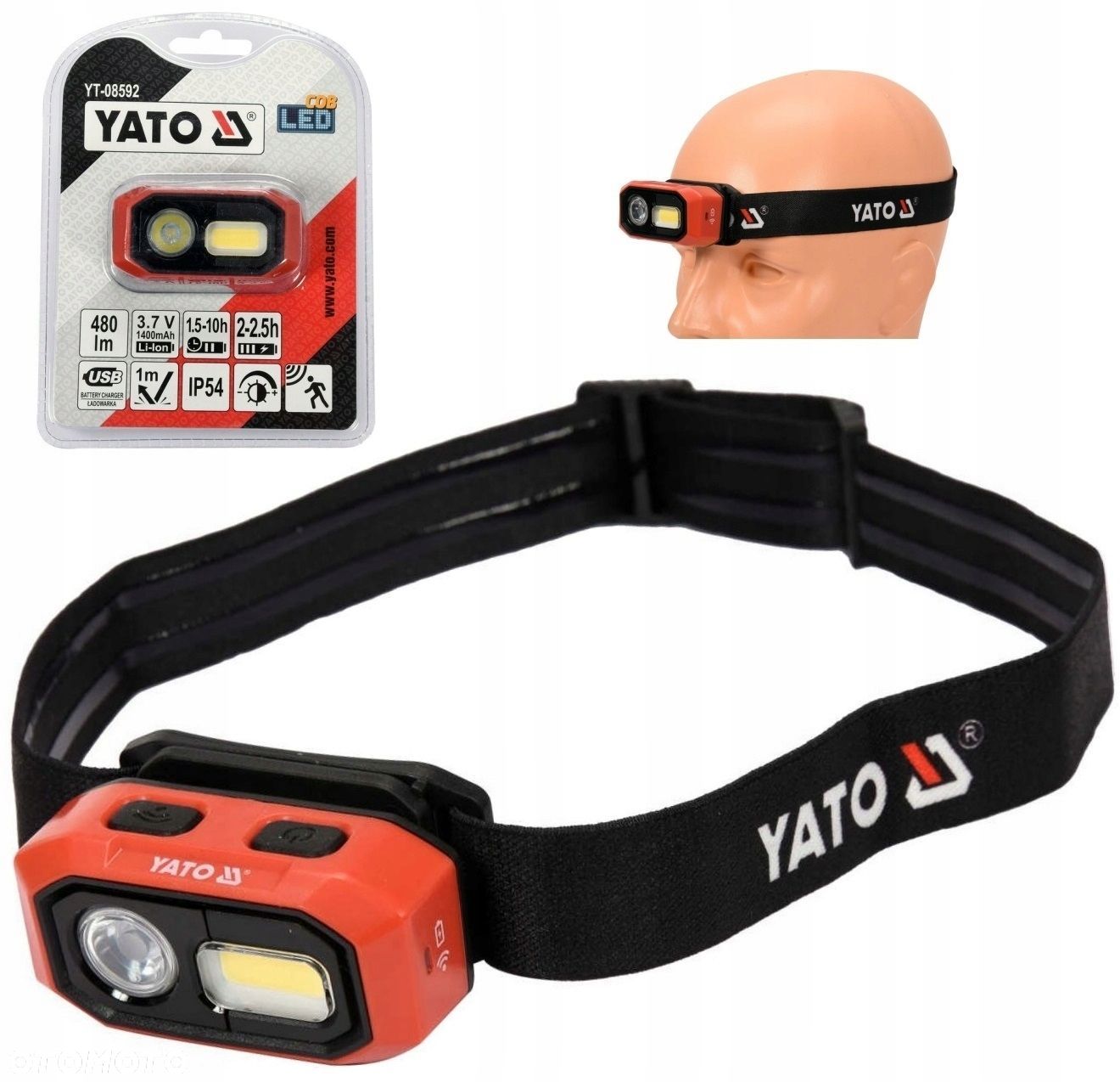 YATO LATARKA CZOŁOWA AKUMULATOROWA 480LM AKU CZUJNIK RUCHU LAMPA YT-08592 - 1