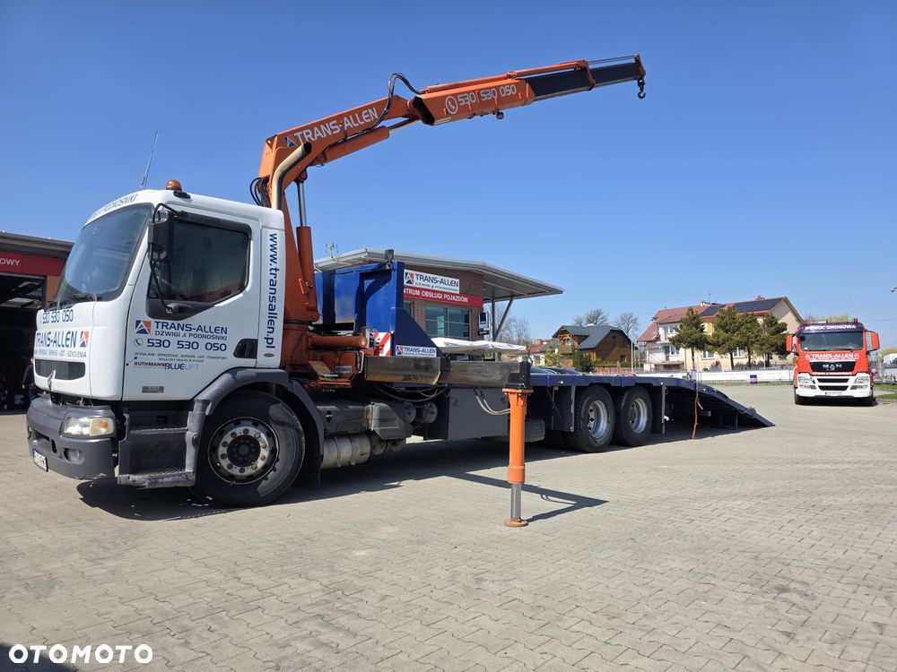 Renault Premium + Żuraw HDS FASSI F170A.22 Laweta Pojazd specjalny Pomoc Drogowa Platforma Najazd Hydrauliczny Auto-Laweta Do Transportu Maszyn Budowlanych do 11t oraz kontenerów morskich 20DV/20HC - Autolaweta Rampa hydarulicznie rozkładana + mocna hydrauliczna wciągarka + zaczep kulowy / hak