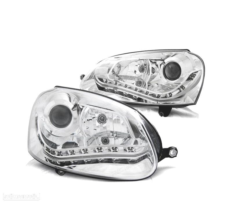 FAROIS FRONTAIS PARA VOLKSWAGEN VW GOLF MK5 03-08 XENON LUZ DIURNA FUNDO CROMADO - 1