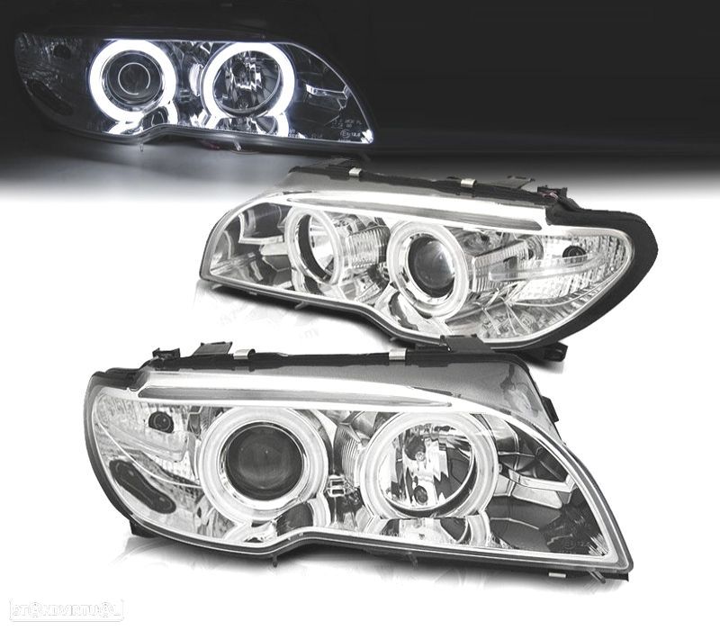 FARÓIS BMW E46 COUPE 03-06 XENON OLHOS DE ANJO CCFL FUNDO CROMADO - 1