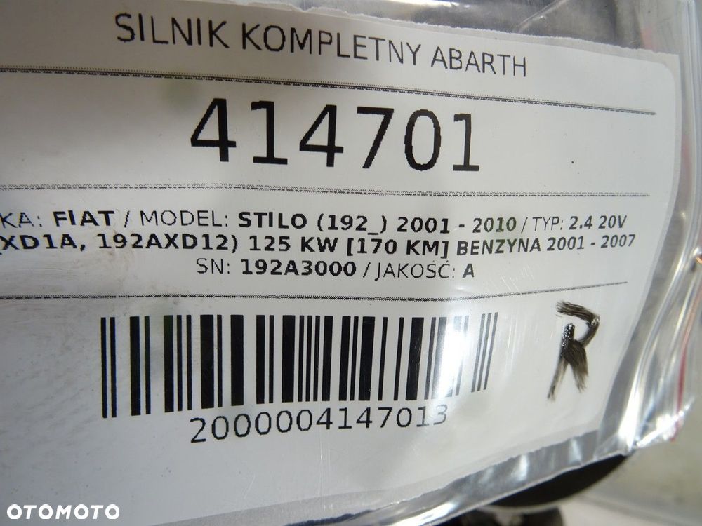 SILNIK KOMPLETNY ABARTH - 3199.00 PLN - FIAT STILO (192_) 2001 - 2010 2.4 20V (192_XD1A, 192AXD12) - 7