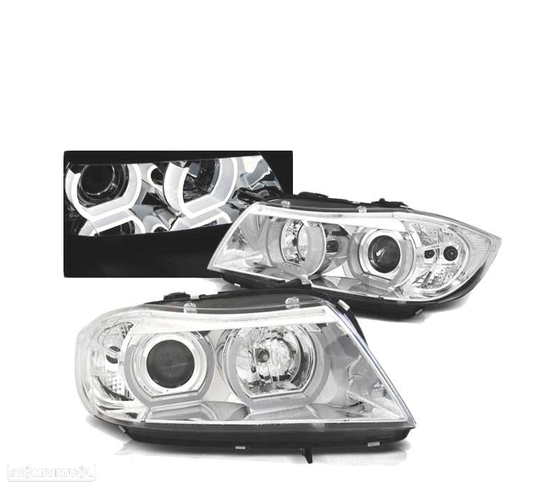FARÓIS BMW E90 E91 05-08 ANGEL EYES 3D U-TYPE CROMADO - 1