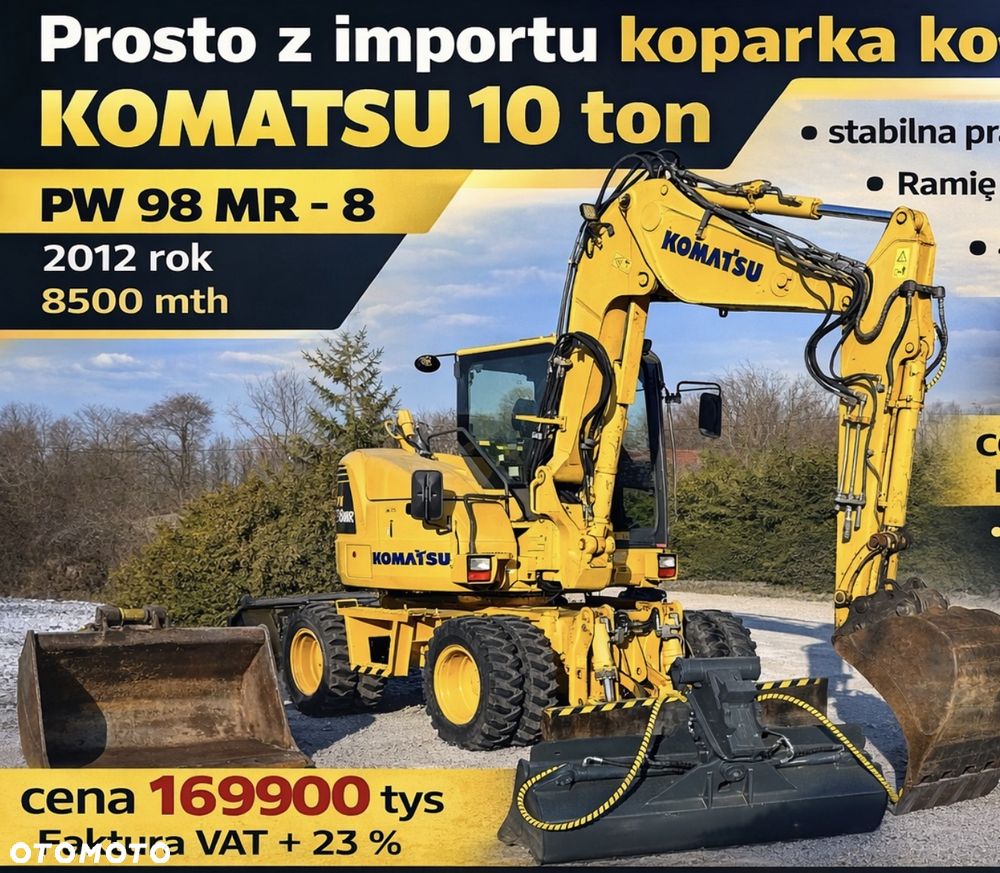 Komatsu Koparka kołowa KOMATU PW98MR-8 10ton 4x4x4 ośki skrętne Ramię 3x łamane BEZ DPF i ADBLUE 4 cyl dodatkowe wyjścia hydr Pług Podpory  2012 szybka zwinna Prosto z importu 1 właściciel Cat TEREX Liebherr Wacker Pw 98 Mr 8 11 - 9