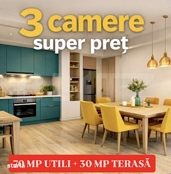 Apartament cu 3 camere, 70 mp utili + Terasa 30 mp, Giroc