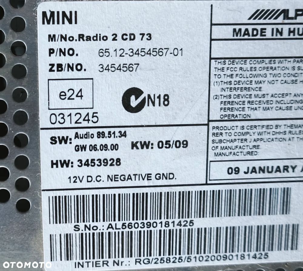 MINI COOPER R56 09r RADIO RADIOODTWARZACZ 3454567 - 2