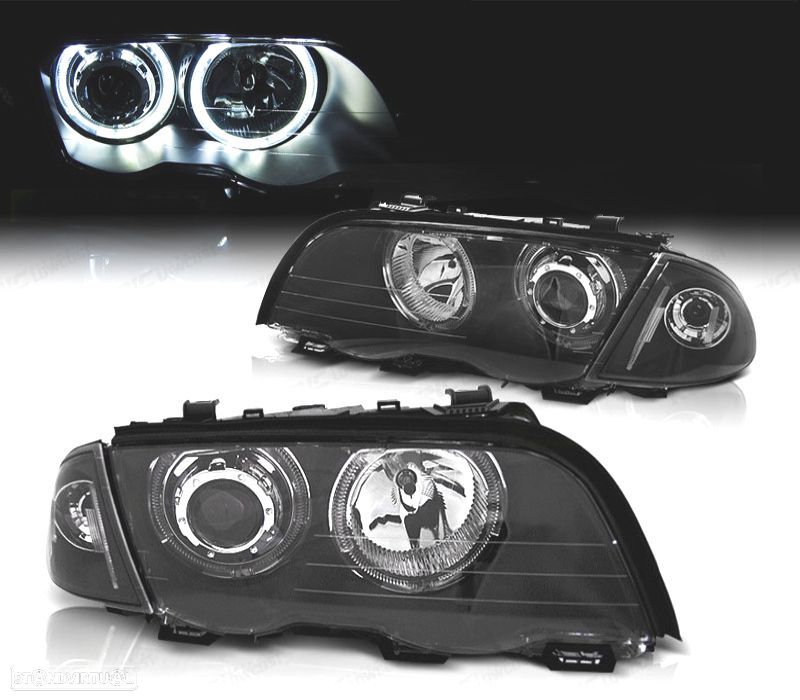 FARÓIS BMW E46 BERLINA TOURING 98-01 ANGEL EYES CCFL PRETO H7 H7 - 1