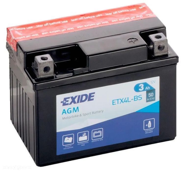 Akumulator motocyklowy EXIDE ETX4L-BS YTX4L-BS 12V 3Ah 50A P+ - 1