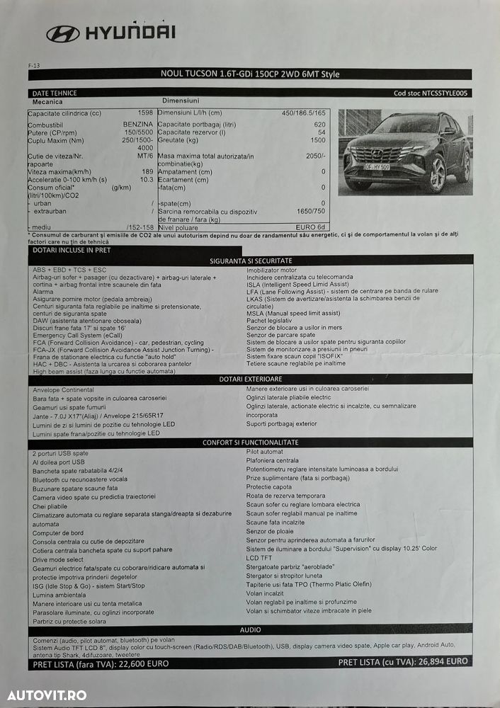 Hyundai Tucson 1.6 l 150 CP 2WD 6MT Style - 2