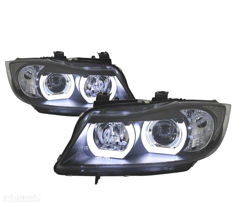 FARÓIS XENON BMW E90 E91 05-08 ANGEL EYES U LED 3D FUNDO PRETO - 4
