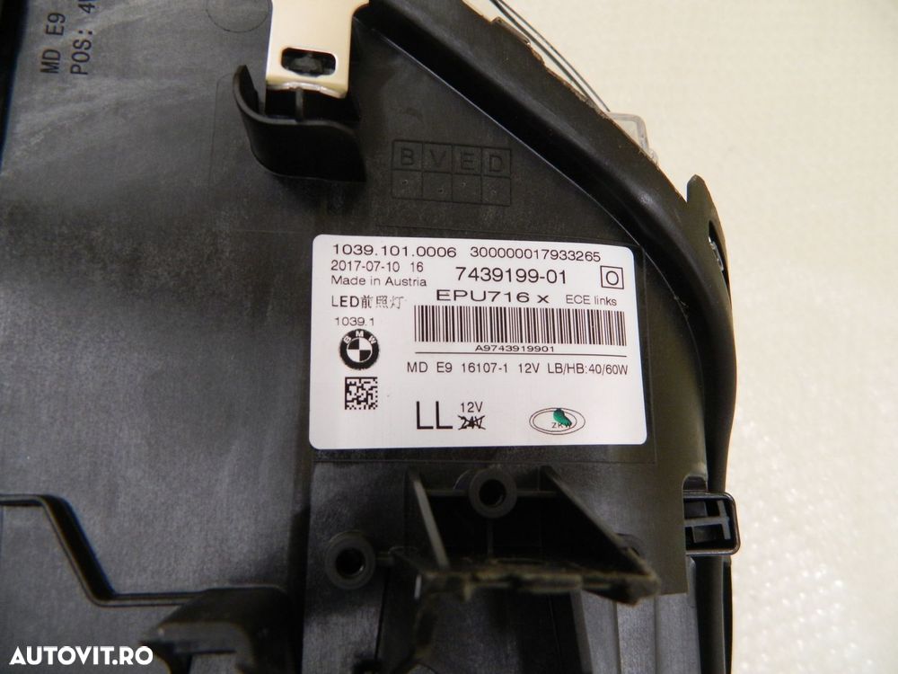 Far stanga BMW Seria 5 G30 /G31 LED, 2016, 2017, 2018,  2019, cod origine 7439199-01. - 8