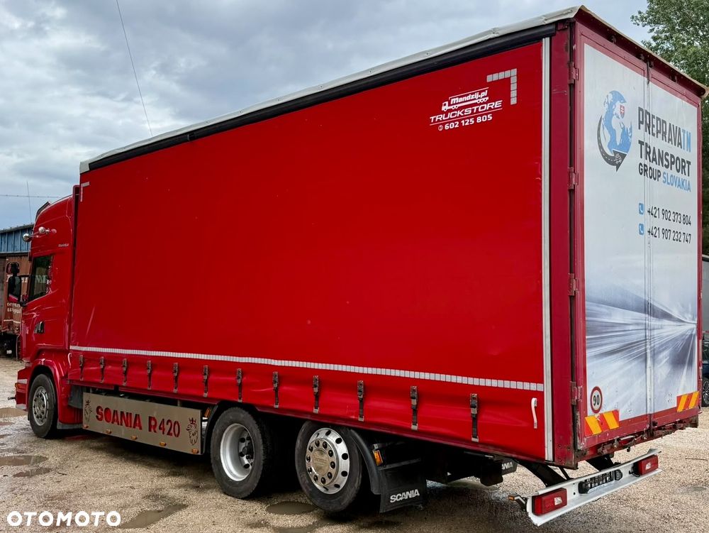 Scania R420 TOPLINE 6x2 JUMBO OŚ PODNOSZONA i SKRĘTNA ALUFELGI ZABUDOWA ALUMINIOWA FIRANKA DŁ:7.80m NOWA PLANDEKA!!!! MANUAL RETARDER KLIMA 2xALUTANK SKÓRA XENONY LEDY ORUROWANIE Z HALOGENAMI EURO 5 2008r WAGA:9600kg ŁADOWNOŚĆ:16400KG ŁADNA IGŁA - 11