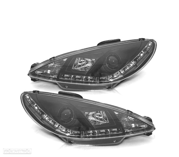 FARÓIS COM LUZ DIURNA LED PEUGEOT 206 98-08 FUNDO PRETO