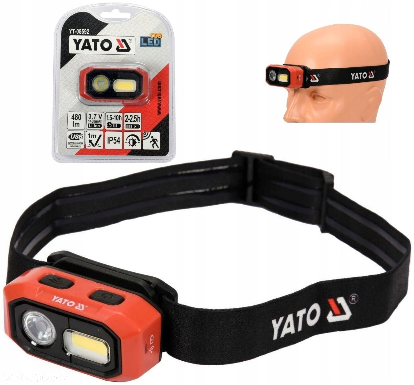 YATO LATARKA CZOŁOWA AKUMULATOROWA 480LM AKU CZUJNIK RUCHU LAMPA YT-08592 - 8
