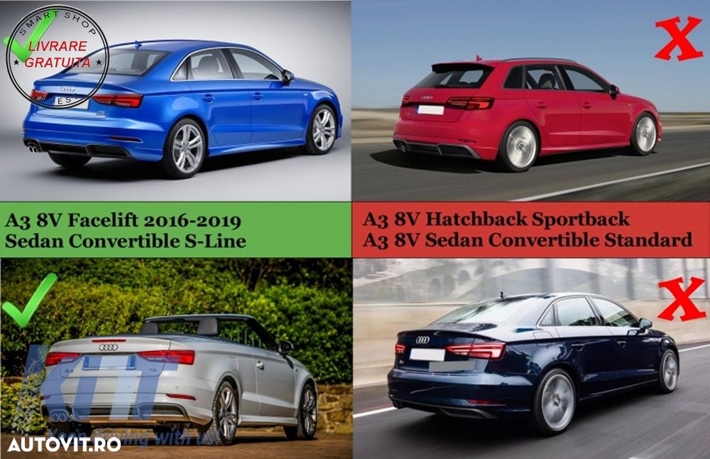 Difuzor Bara Spate cu Ornamente toba Audi A3 8V Facelift Sedan Convertible (2016-2- livrare gratuita - 16