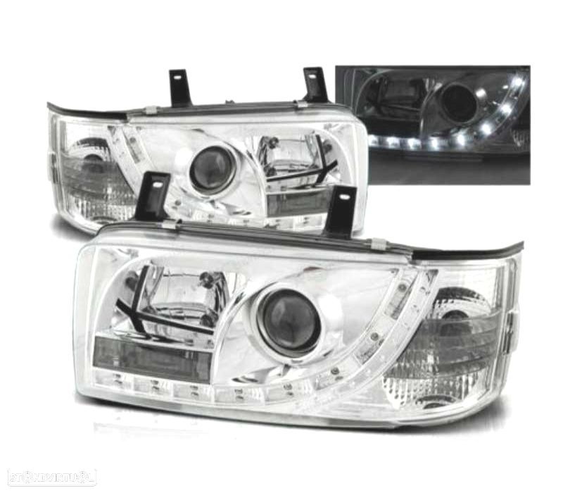 FARÓIS COM LUZ DIURNA LED VOLKSWAGEN VW T4 90-03 FUNDO CROMADO - 1