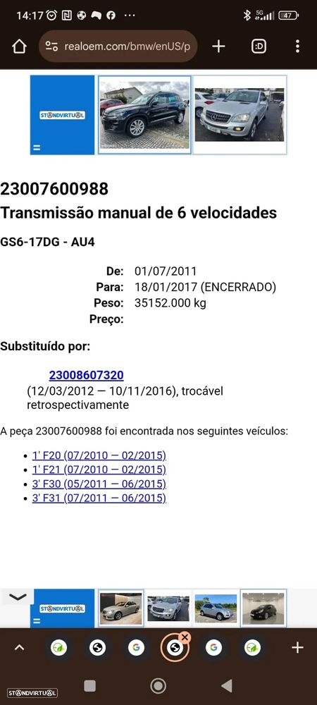Caixa 6 Velocidades Manual BMW - 2.0D 16v 116cv N47D20C - GS617DG AU4 23007600988 - BMW F20 F21 F30 F31 - 4