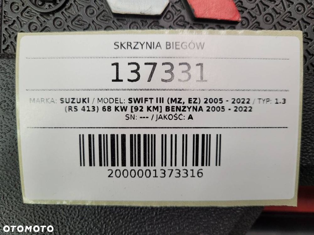 SKRZYNIA BIEGÓW MANUALNA SUZUKI SWIFT III 1.3 BENZYNA 92KM ZNO ZN0 - 9