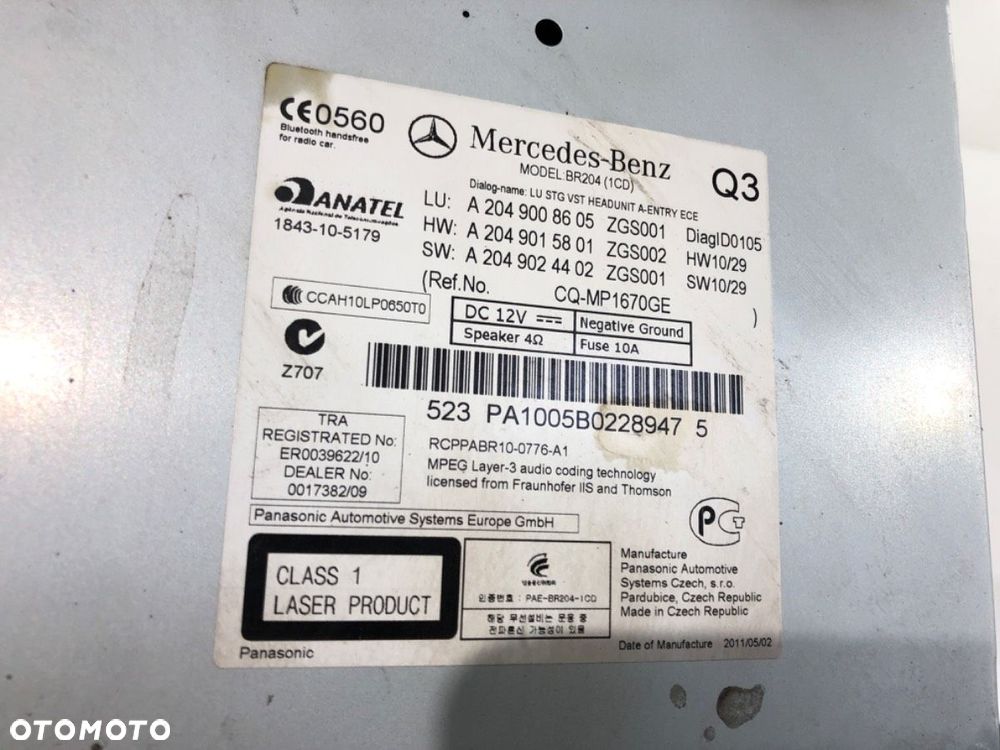 RADIO  MERCEDES-BENZ KLASA C (W204) 2007 - 2015 C 200 Kompressor (204.041) 135 kW [184 KM] benzyna - 5