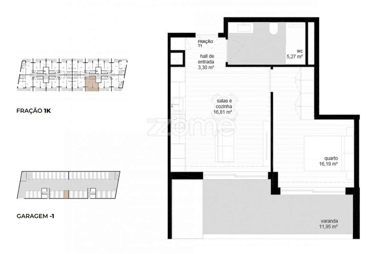 Apartamento T1 (1K) localizado no piso 1, com área total de 74.15 m2. - Grande imagem: 3/23