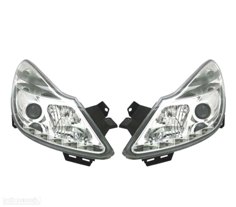 FARÓIS FRONTAIS PARA OPEL CORSA D LUZ DIURNA LED 06-10. FUNDO CROMADO - 1