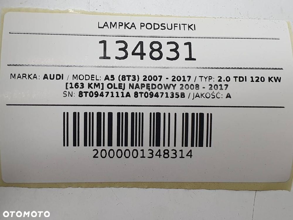 LAMPKA PODSUFITKI KOMPLET AUDI A5 8T COUPE S-LINE 8T0947111A 8T0947135B - 9