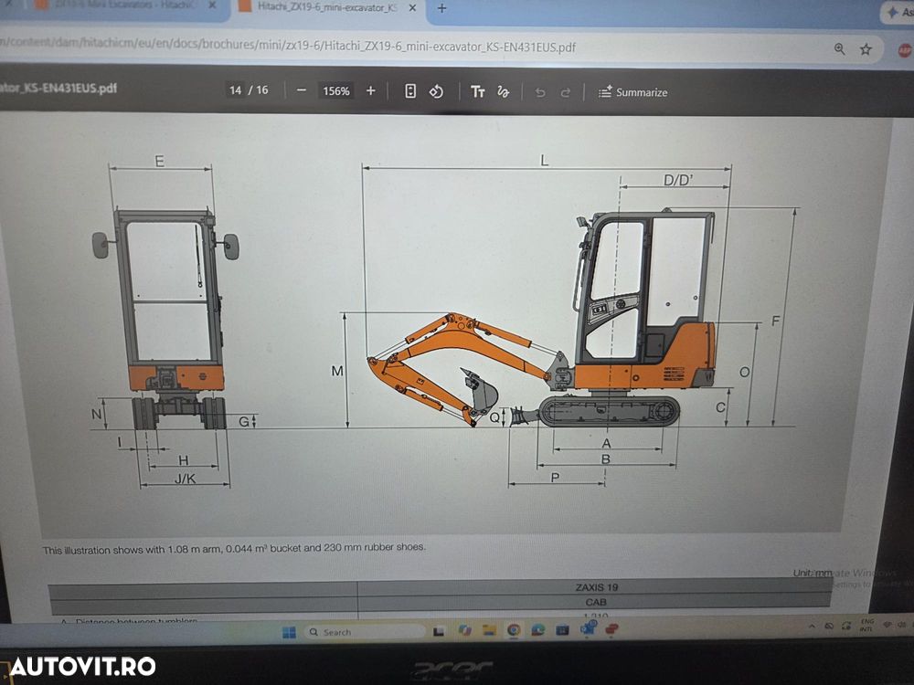 Hitachi ZX19-6, 2tone, 2026, EX DEMO 158h, LAMA, cupla rapida+cupa ingusta+cupa lata+cupa taluz, inst picon, latime 0,8m, latime cu senile extinse 1,2m, ad sapare 2,8m, ridica 1t, produs in JAPONIA, posibilitate leasing 4 ani-PROMOTIE 23900 EUR+Tva - 11