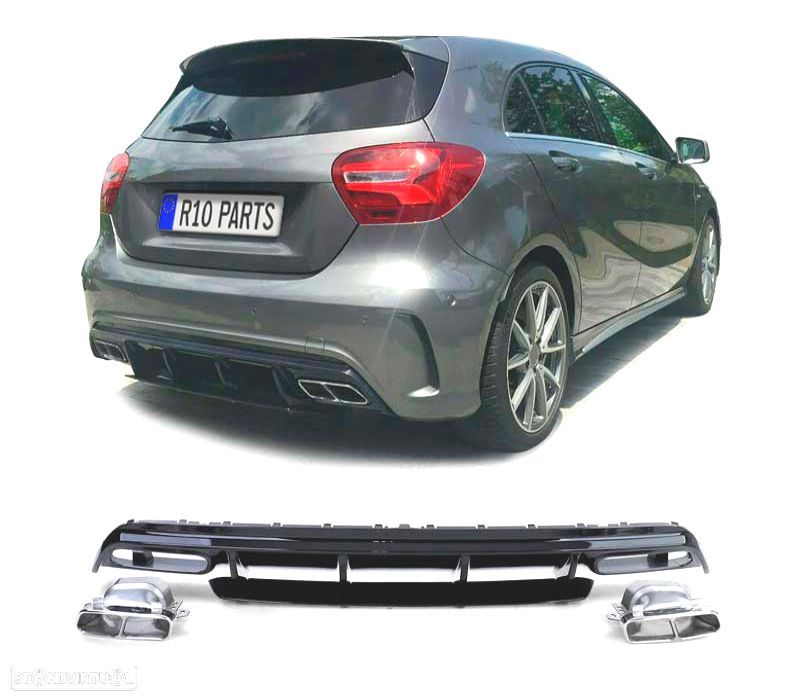 DIFUSOR MERCEDES CLASE A W176 12-18 LOOK A45 AMG PRETO BRILHANTE + PONTEIRAS DE ESCAPE - 1