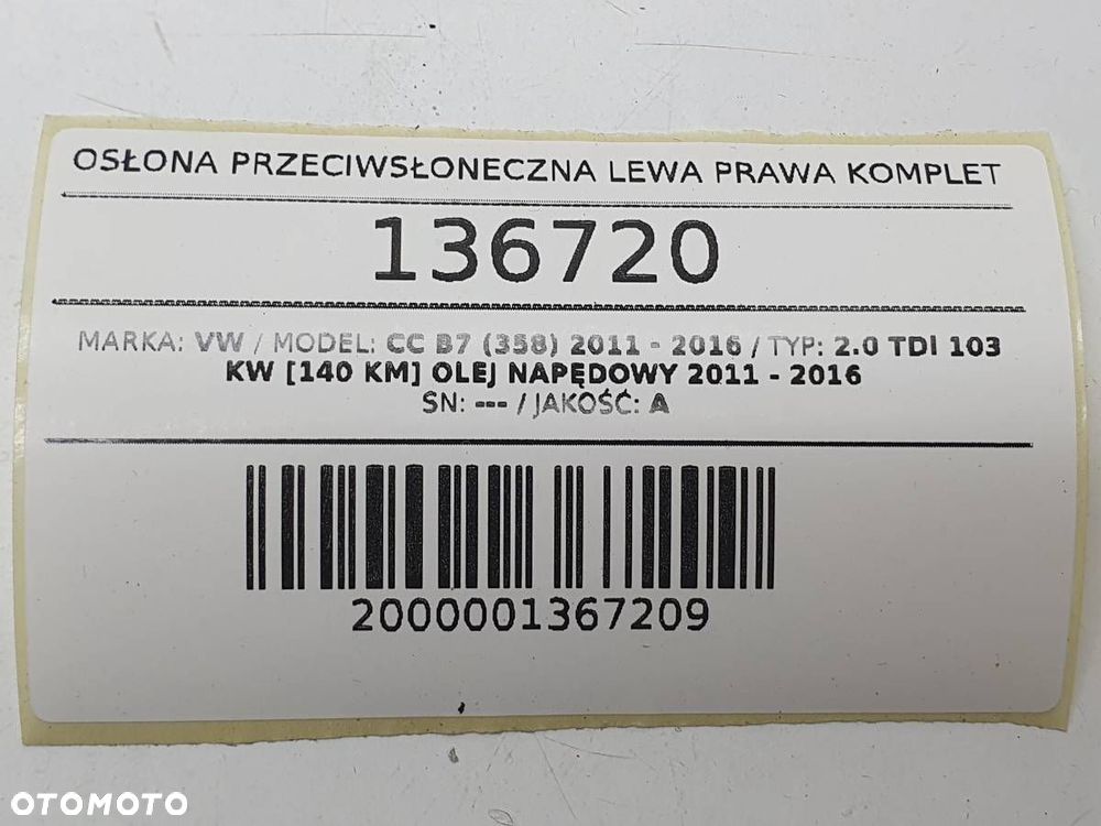OSŁONA PRZECIWSŁONECZNA LEWA PRAWA KOMPLET VW PASSAT CC B7 EUROPA - 5