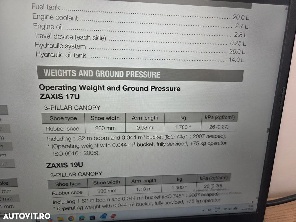 Hitachi ZX19U-6, 2tone, 2024, 539h, rotire in gabarit, Adanc sapare 2,5m, CUPLA RAPIDA+3 CUPE, Senile cauciuc 80% ok extensibile, latime 0,8m, inst picon, LAMA, produs in JAPONIA, sistem antifurt, posibilitate leasing 4ani-CA NOU-PROMOTIE 18.900 EUR+Tva - 36