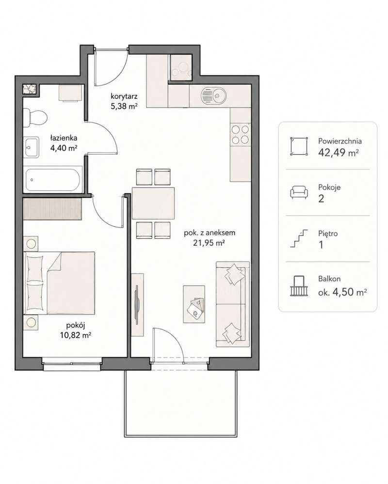 2-pokojowe mieszkanie z balkonem | 42,49 | Gdańsk