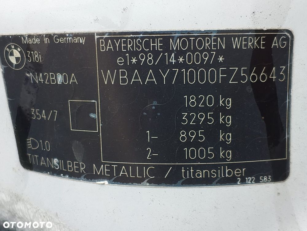 BMW E46 (01-05r.) 2.0B 141KM.Silnik N42B2A  Skrzynia S5D250G-TBDH Lakier 354 – Titan Silver. Cały na części GWARANCJA !!!  Przód Tył Zestaw Komplet Drzwi Klapa Zderzak Błotnik Maska Grill Atrapa Szyba Pas Lampa Lusterko Boczki Fotel Kanapa Kokpit Deska Rozdzielcza Przełącznik Włącznik Sterownik Przewody Wiązka Instalacja Moduł Komputer Czujnik Listwa Pompa Alternator Wtryski Głowica Rozrusznik Kompresor Sprzęgło Dwumas Silnik Skrzynia ABS Klimatyzacji Paliwa Wspomagania Kolektor Turbina Przepustnica Zawór Chłodnica Koło Hak Belka Sanki Zawieszenie Mcpherson Półoś Amortyzator Wydech Tłumik Zacisk Most - 6