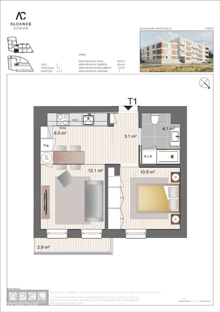 Apartamento T1 novo no Polo Universitário  com varanda e garagem - Grande imagem: 3/3