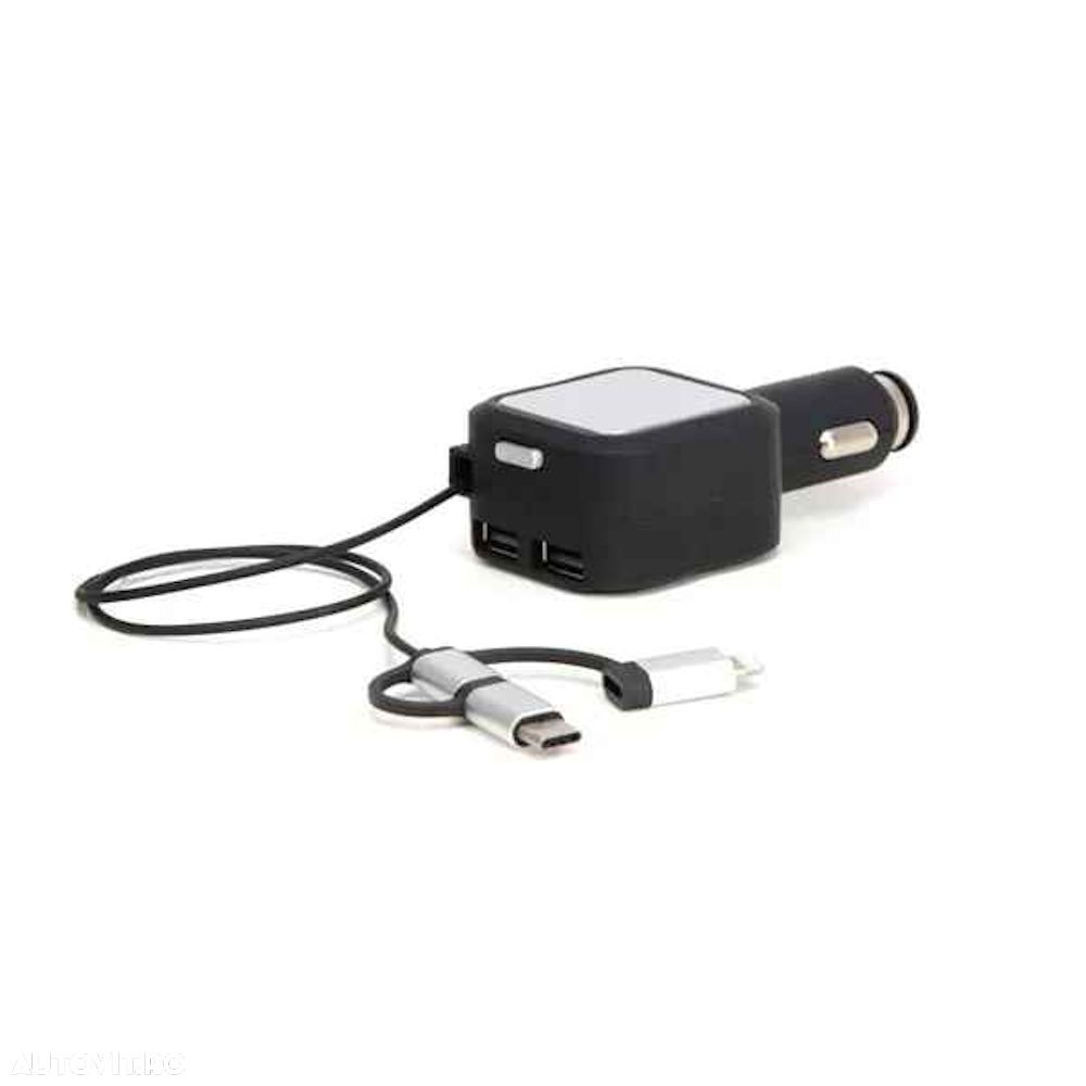 Incarcator auto telefon 3in1 12V-24V, 2xUSB, 5V 4.8A, cu adaptor TypeC, MicroUSB, Lighting, cablu retractabil, Streetwize - 1