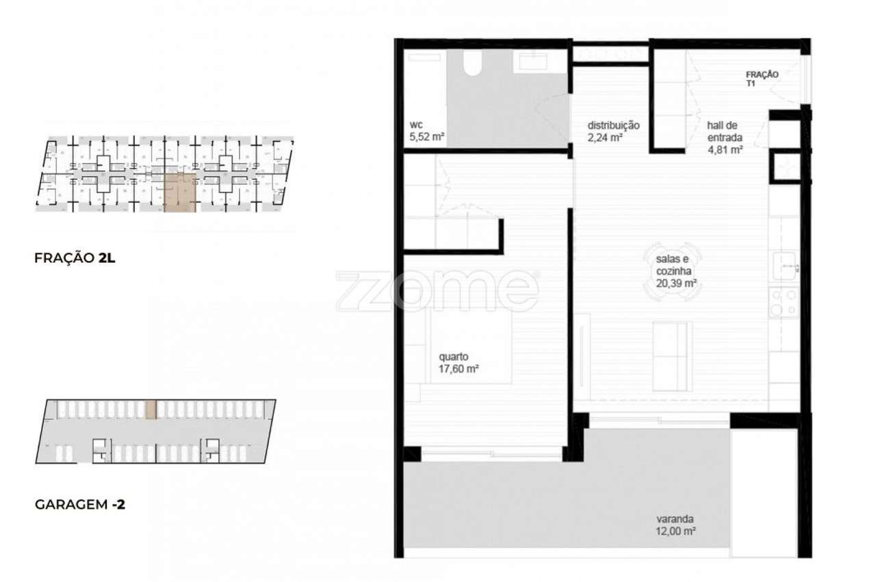 Apartamento T1 (2L) localizado no piso 2, com área total de 84.95 m2. - Grande imagem: 2/23