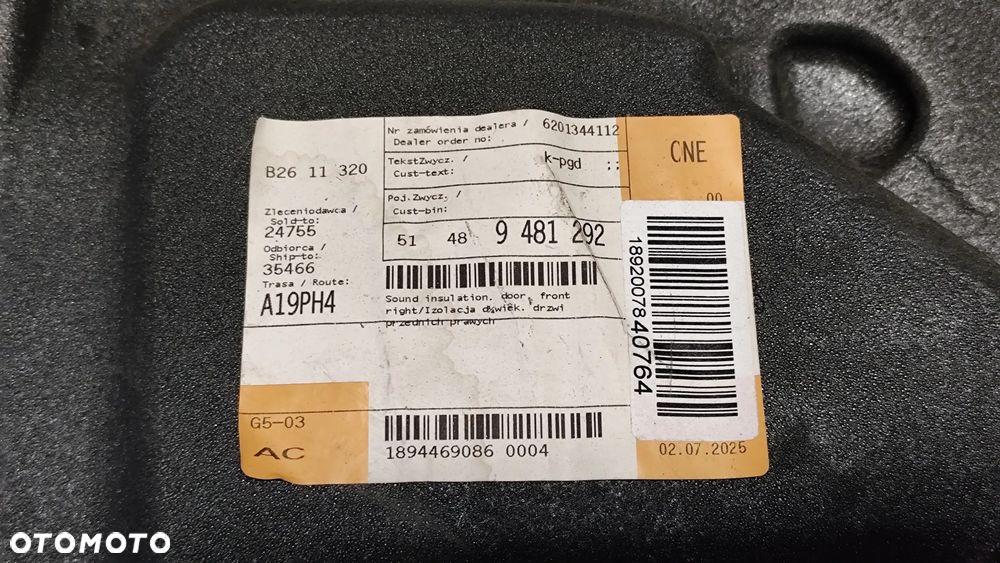 BMW X2 F39 WYGŁUSZENIE IZOLACJA AKUSTYCZNA DRZWI PRAWY PRZÓD 5148 7434926 - 3