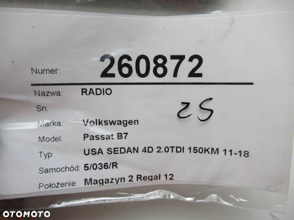 RADIO - 543.00 PLN - VW PASSAT B7 (362) 2010 - 2015 2.0 TDI 103 kW [140 KM] olej napędowy 2010 - - 10